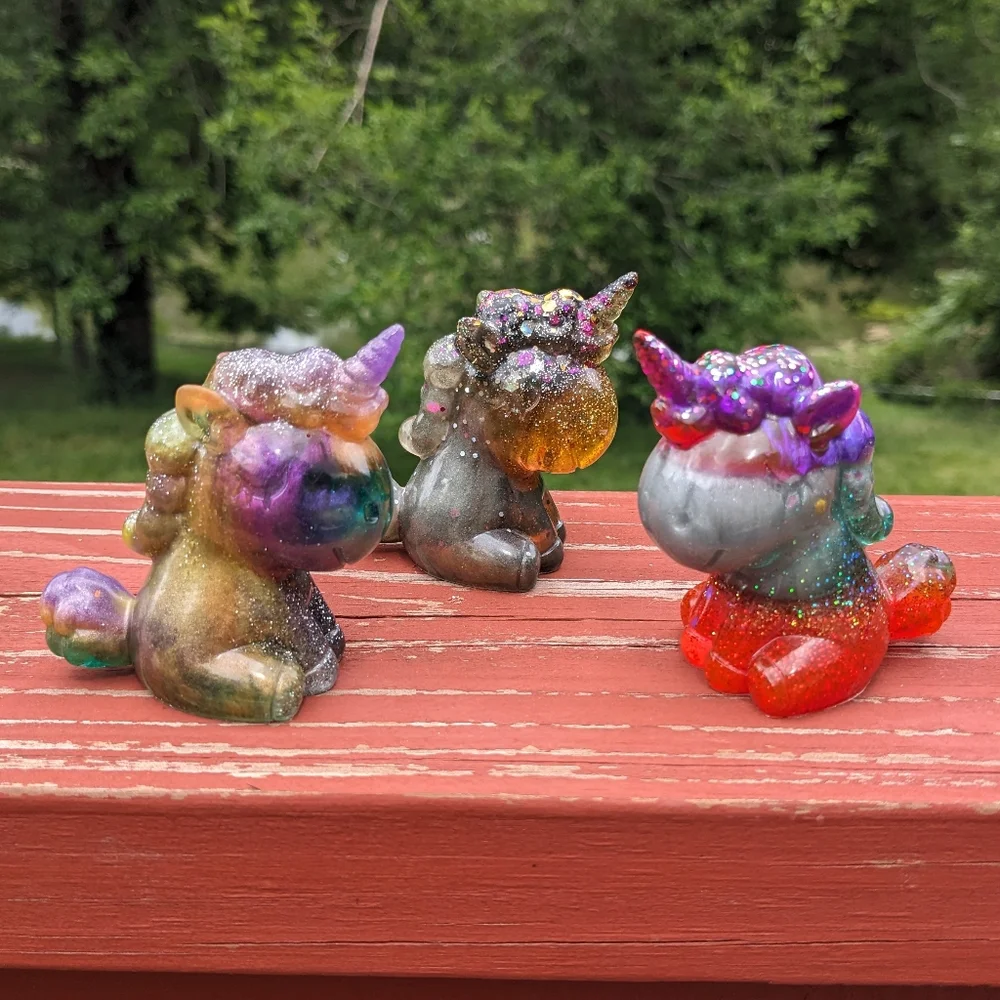 Unicorn Set Three Cute Kawaii Gift Handmade Epoxy Resin Glitter Colorful Rainbow - Picture 15 of 15